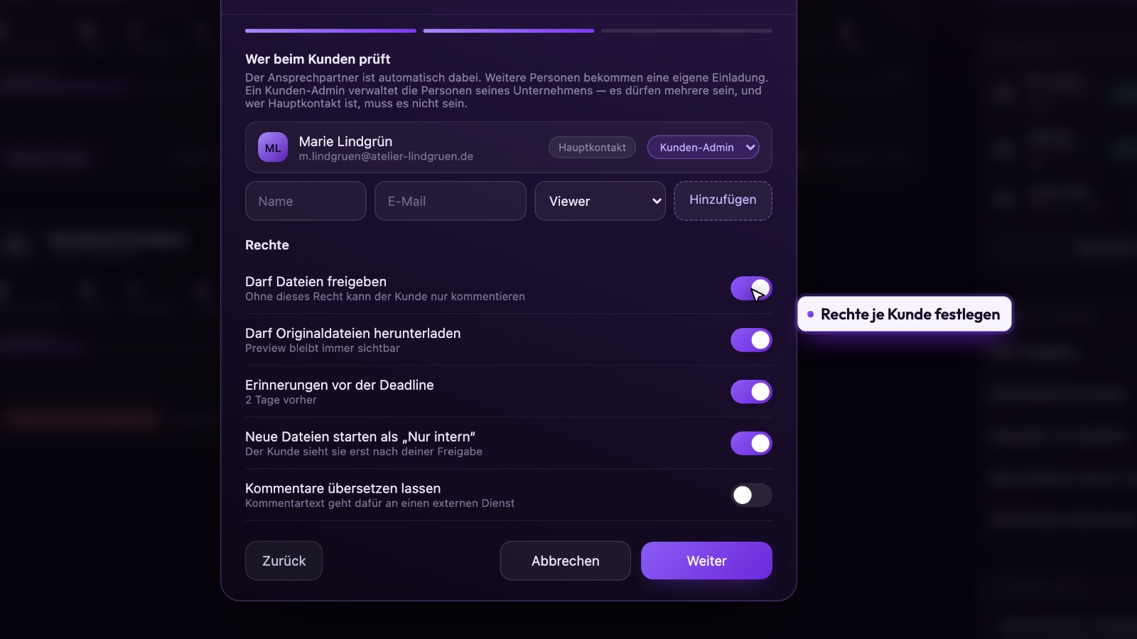 Screenshot EVOAR Files: Rechte für jeden Kunden einzeln