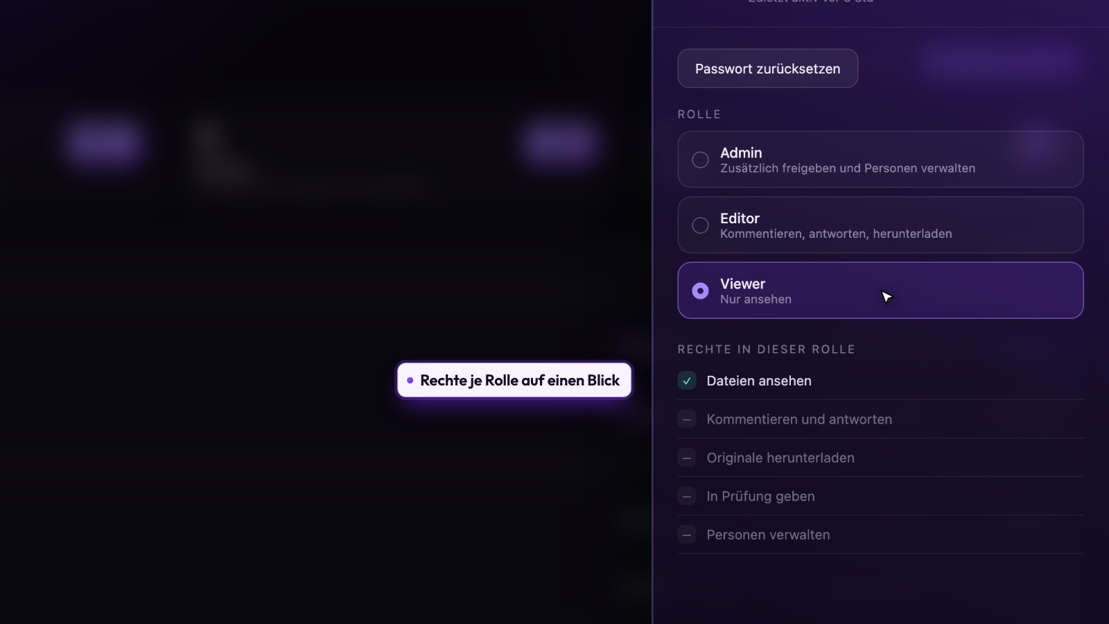 Screenshot EVOAR Files: Rechte je Rolle auf einen Blick